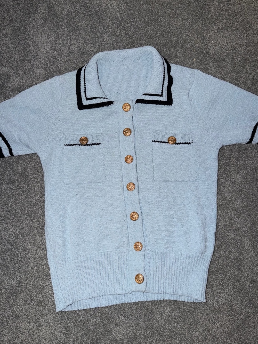 SHEIN Light Blue Short Sleeve Knit Polo Cardigan with Black Trim
